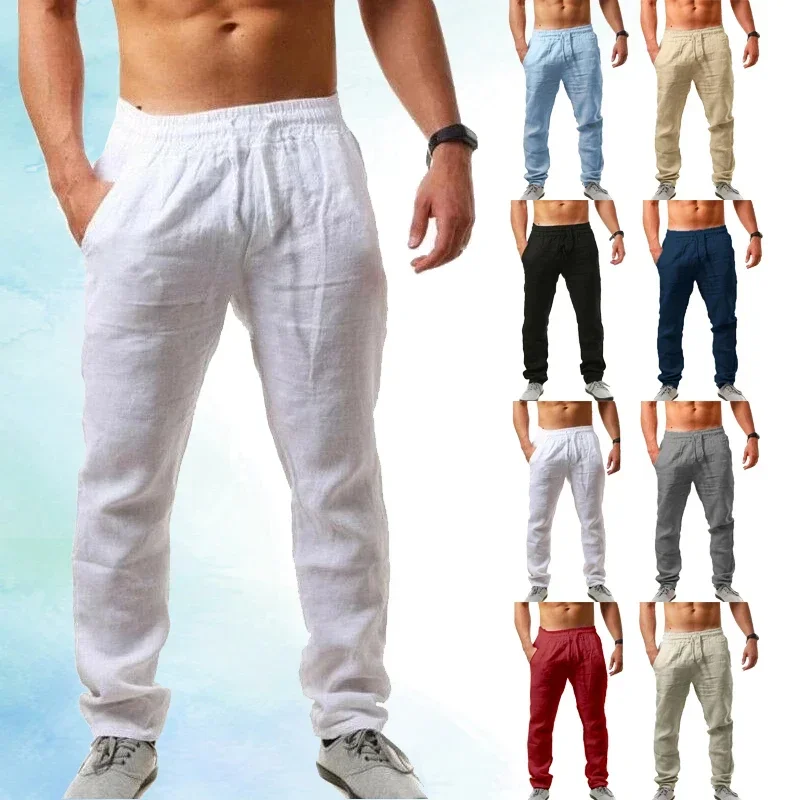 Pantalones deportivos informales para hombre, pantalón holgado de algodón y lino con cintura elástica, Color sólido, a la moda, novedad