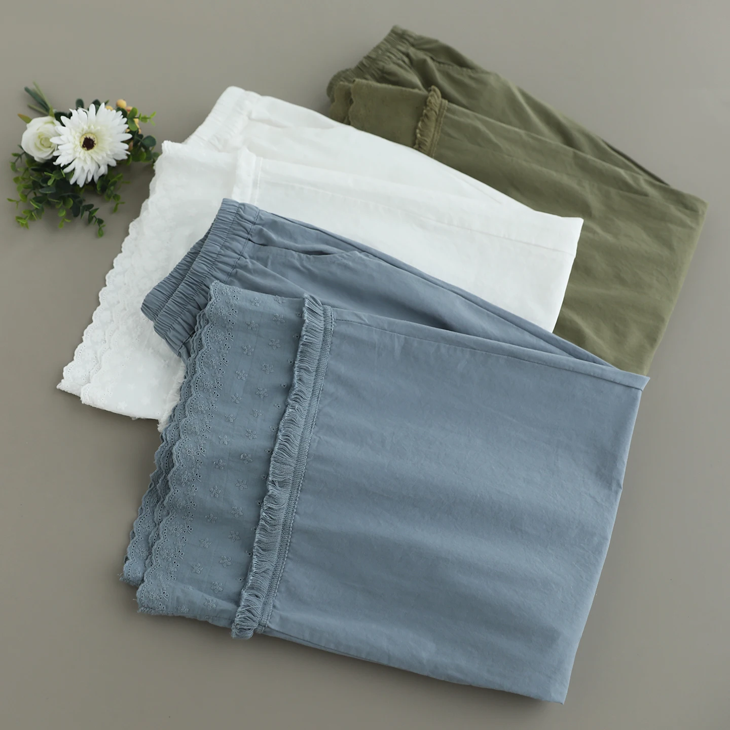 

Japanese Sweet Mori Girl Solid Color Embroidery Hem Wide Leg Pants Women Summer Elastic Waist Casual Loose Cotton Straight Pants