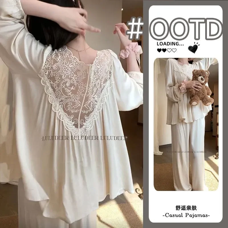 Elegant Royal Court Women Pajamas White Lace Hollow Out Backless Long Sleeve Long Pants Loose Spring Summer Loungewear