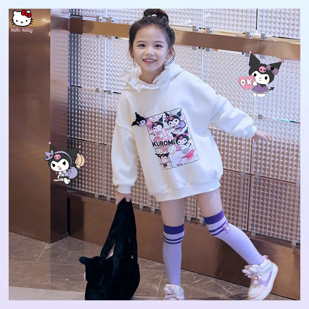

Детская толстовка с героями мультфильмов Kuromi Kawaii, аниме, весна-осень, белые утепленные толстовки, флисовые пуловеры, модная повседневная спортивная одежда для девочек