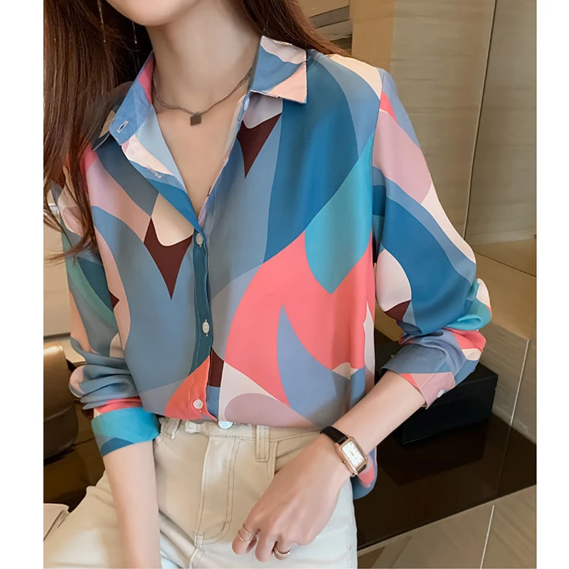 Retro Elegant Chic Print Office Lady All Match Button Up Shirt Fashion Commute Long Sleeve Slim Tops Blouses for Women Clothing