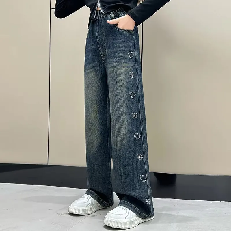 Tienermeisjes mode hartprint jeans recht gesneden denim broek Koreaanse stijl hoge taille kinderen tiener streetwear lange broek