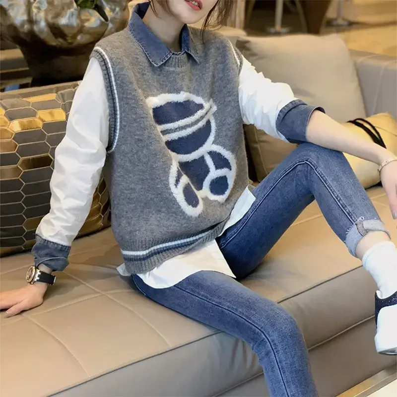 Waistcoat Loose Pullover Knit Vests for Women Gray Bear Lady Sweaters Cheap Clothes Vintage Clothing Trend 2024 Sales Classic