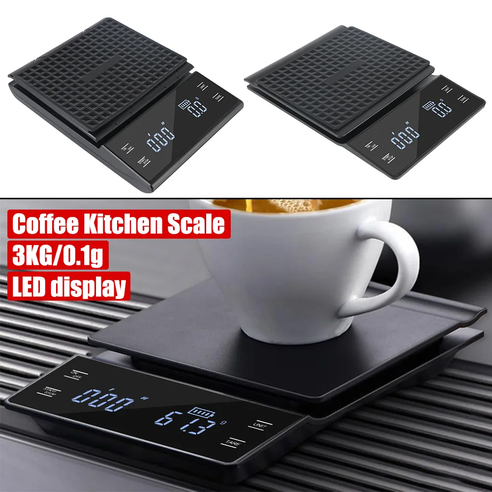 Rechargeable Type-C g/oz/ml Coffee Kitchen Weight Scale Auto Timer 3KG/0.1g Electronic Digital High Precision LED display