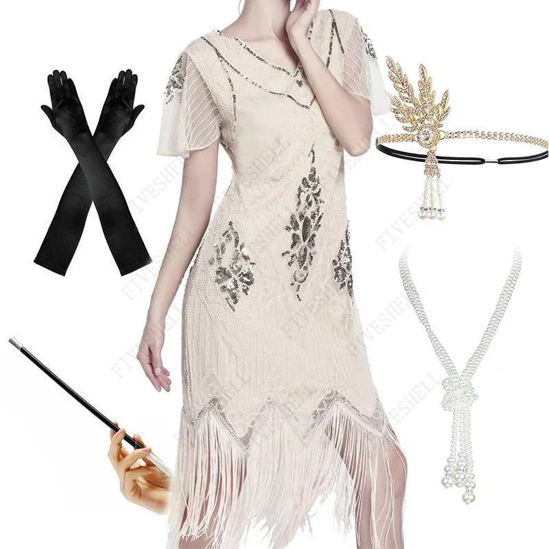 Plus Size 5xl/4xl Women's Vintage 1920s Gatsby Sequin Beaded Long Fringed Tassels Hem Flapper Dress Party Dress /Accessories Set