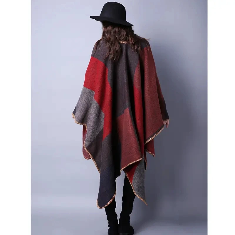 Vintage Color Block Shawl Imitation Cashmere Warm Warm Wrap Boho Large Blanket Scarf Poncho Capes Thickend Cloak For Outdoor