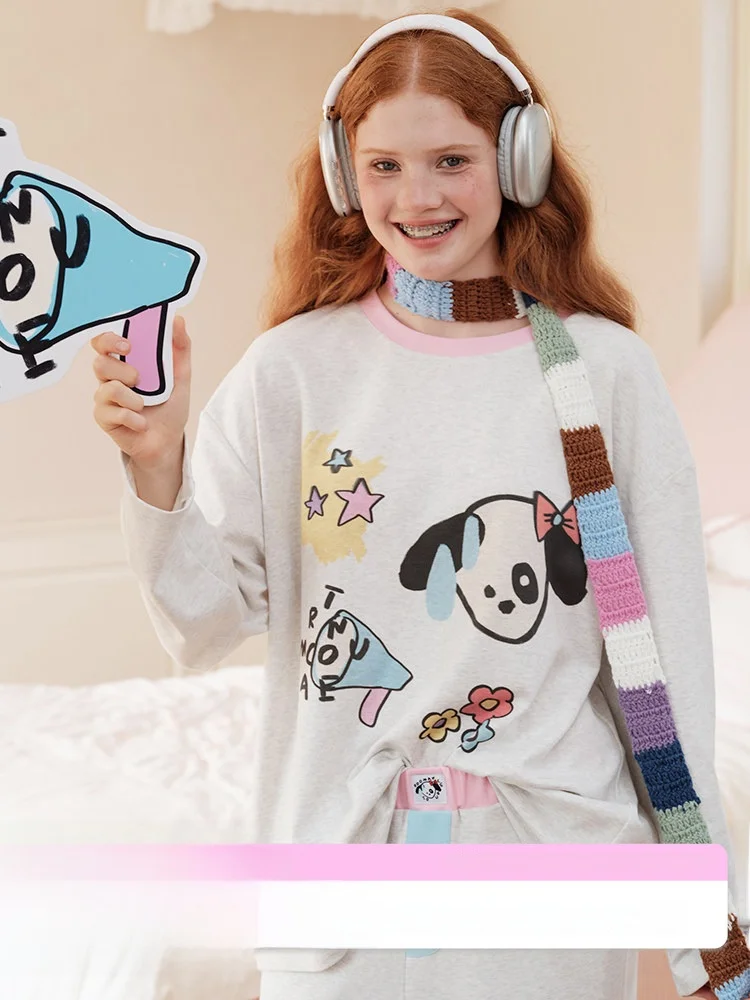 RooMance Original Pure Cotton Knitted Sweatshirt Nightgown Women's Wearable Home Clothes Long Sleeve round Neck Print Home Co...