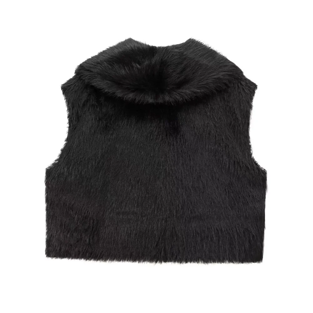 Women's artificial fur effect short vest with simple lapel and sleeveless autumn and winter new fashion short warm jacket vest