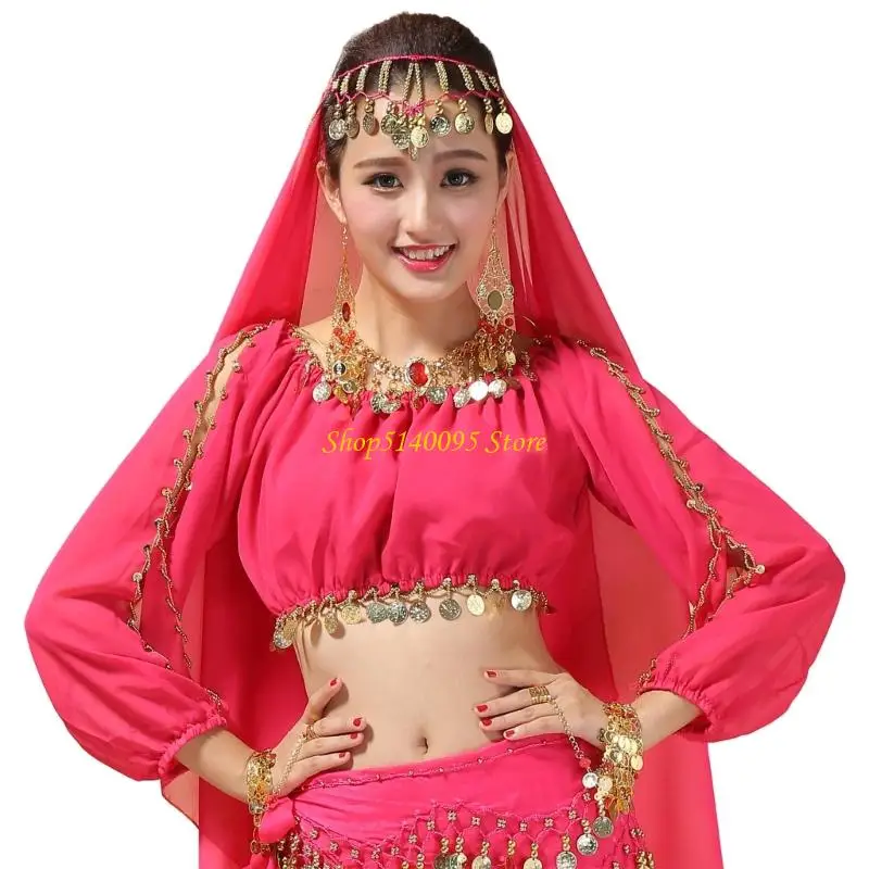Dxae Langarm Pailletten Crops Tops Bauch Tanzkostüm Frauen Bauchtanzmünzen Top Top