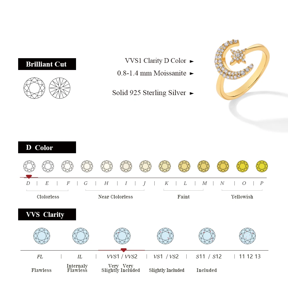 ATTAGEMS Full D Color VVS1 Moissanite Diamond Ring for Women Solid 14K 18K Yellow Gold Moon Shape Luxury Engagement Wedding Gift