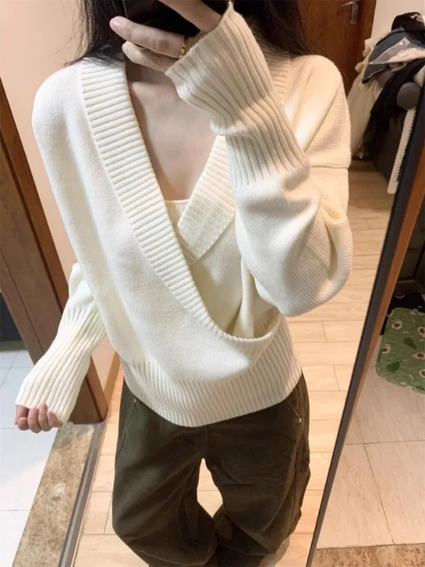 

plus Size Cross V-Ne Long Sve Sweater Women's Loose Slimming Knitwear Casual Versatile Top Korean Sle Commute Faion