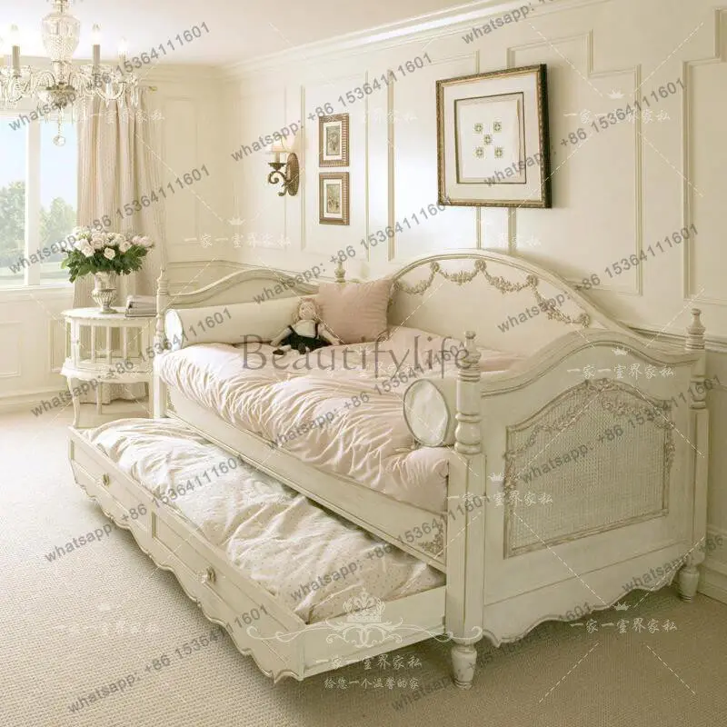French sofa bed retro old carved multi-functional single bed stretchable storage dual-purpose bed
