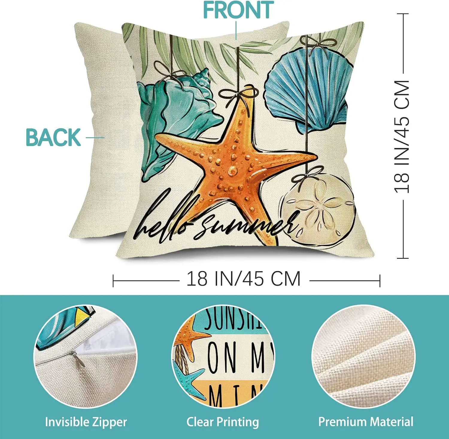 4 Piece Boho Beach Cushion Covers Set Coastal Nautical Ocean Throw Pillows Summer Sunshine Stars Shells Tropical Home Decor Poly