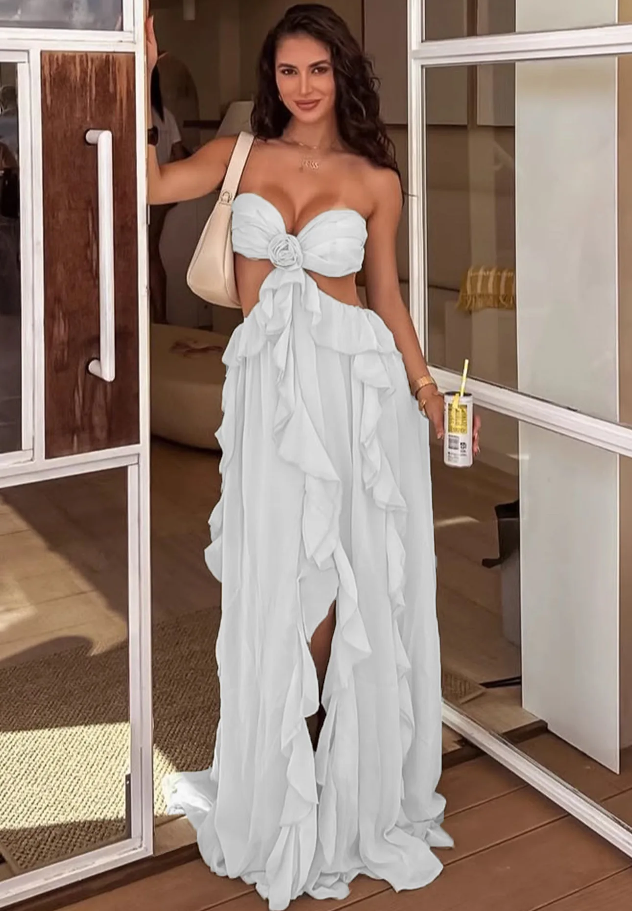 UNI Luxus-Damen-Ballkleid mit Ausschnitt, ärmellos, zum Binden hinten, einfarbig, Rüschen, langes Kleid, Sommer-Partykleid