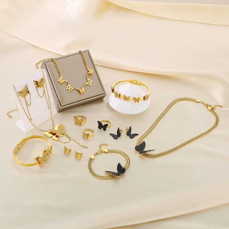 4pcs/sets Butterfly Women's Jewelry Sets Gold Color Stainless Steel Necklace Bracelet Earrings Rings Fashion Weding Party Gifts