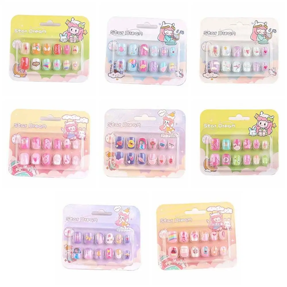 12Pcs/set Nail Supplies Children False Nails Manicure Material Nail Accessories Kids Cartoon Fake Nails Bowknot Rainbow Cloud