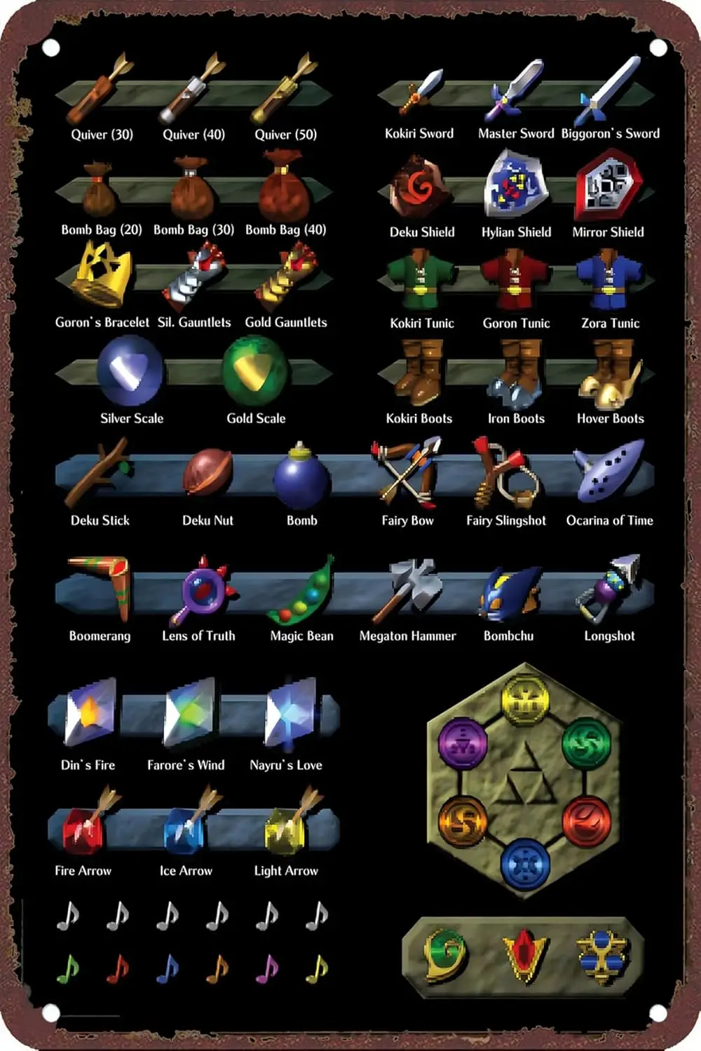 The Classic Arcade Video Game Poster Ocarina of Time Item Gaming Wall Art Decor Metal Sign -8x12inch