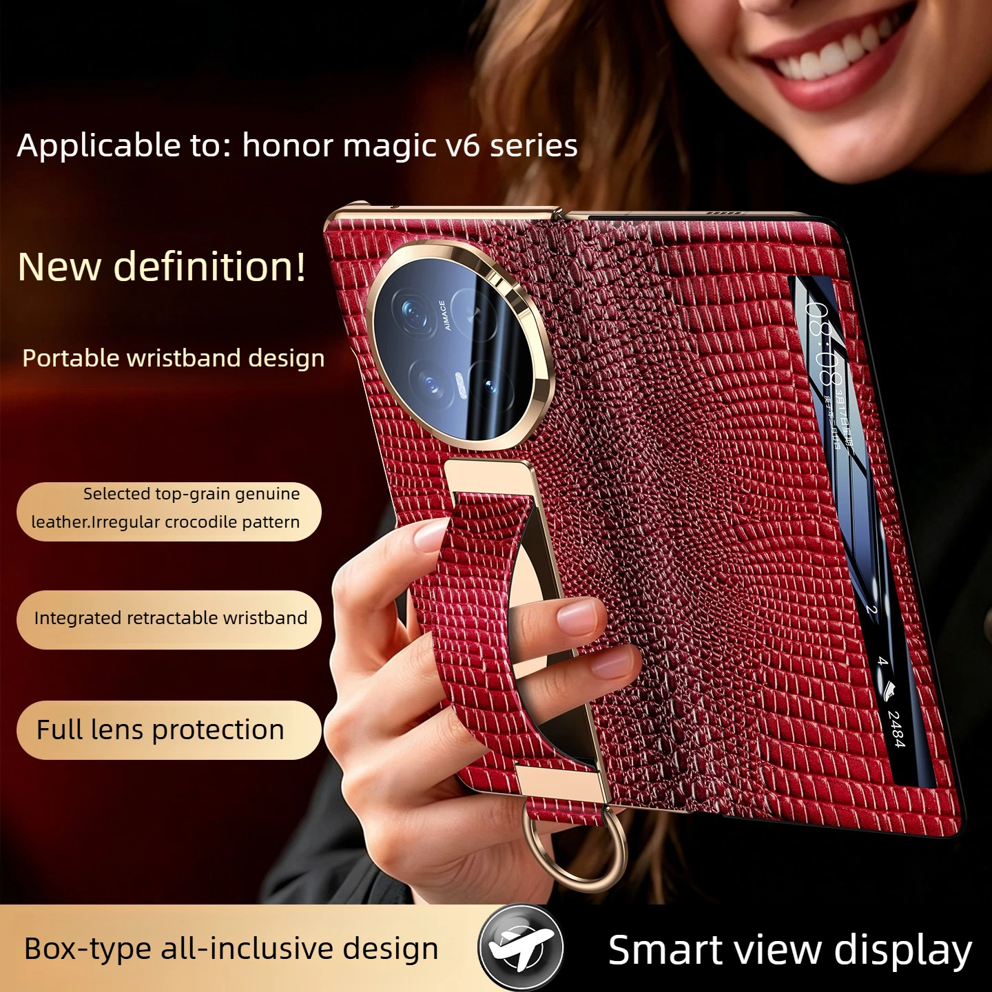 

[smart genuine leather case] for honor magic v6 new dual center axis and lens all-inclusive,wrist strap ring holder phone case