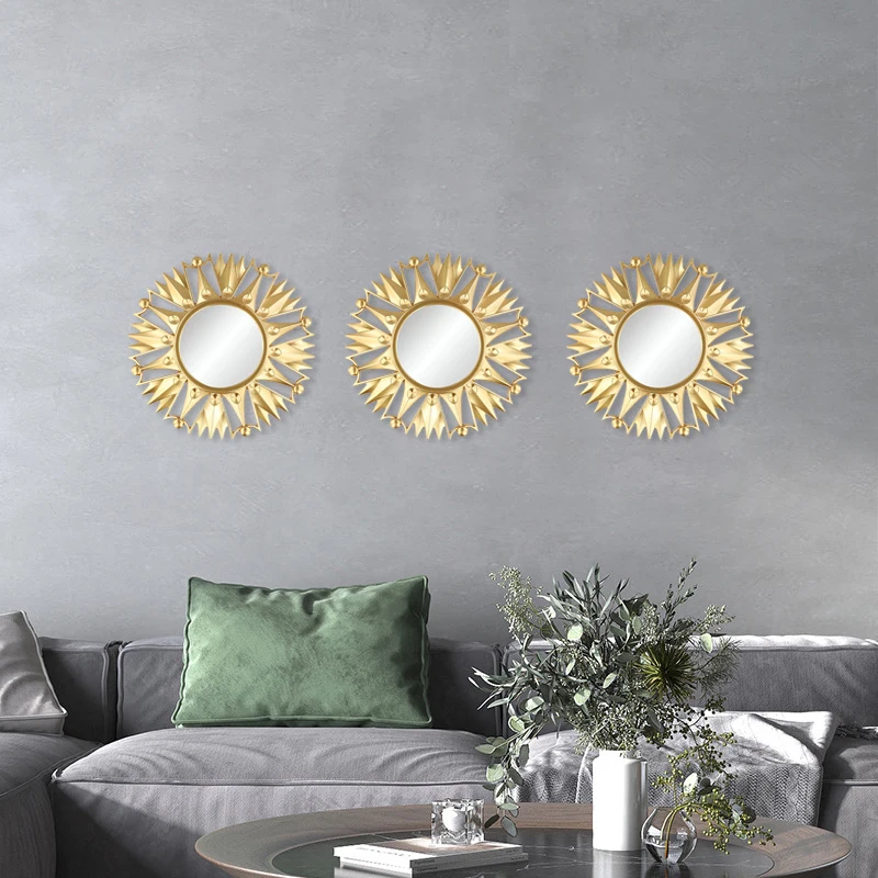 Vintage Gold Glass Mirrors Craft Nordic Style Metal Hanging Sun Mirrors Background Tray Living Room Art Wall Sunburst Decoration