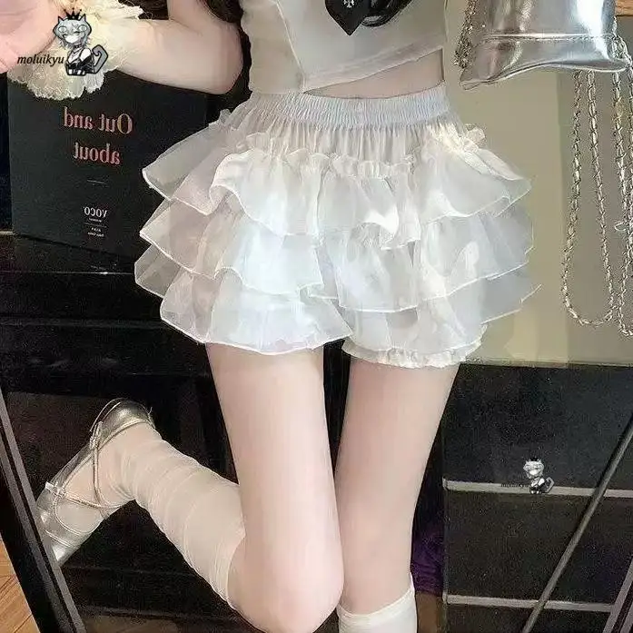 Harajuku Kawaii White Ruffles Pumpkin Pants Women Cute Lace Bow Lolita Safety Short Pants Vintage Victorian Bloomers Leggings - view 5
