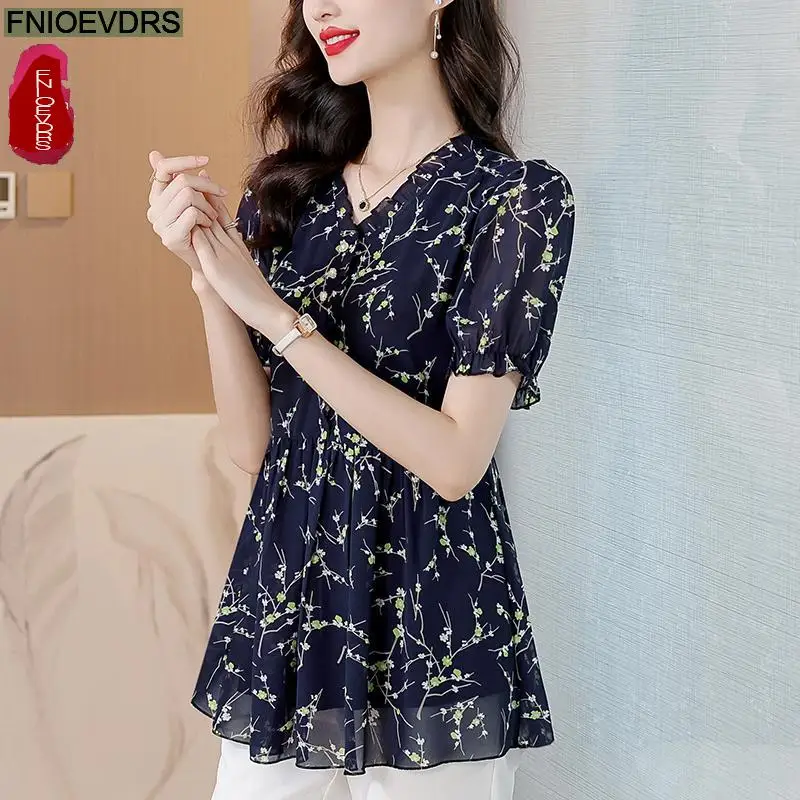 M-4XL Loose Clothes 2024 Summer Ruffles Tops Short Sleeve Women Basic Wear Office Lady Flower Floral Print Peplum Shirts Blouses