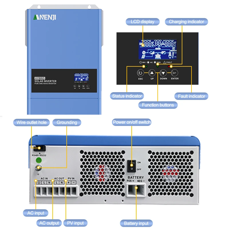 6.2KW 11KW 230VAC عاكس للطاقة الشمسية الهجين خارج الشبكة موجة جيبية نقية MPPT 120A PV 60-500VDC شاحن بالطاقة الشمسية Inversor
