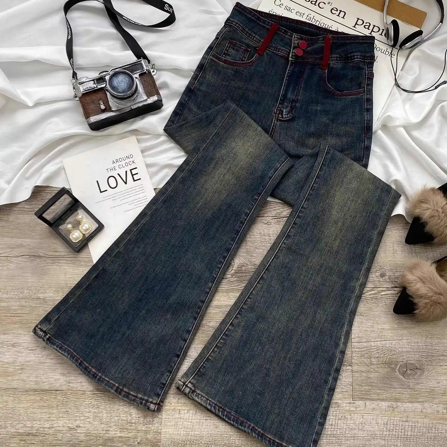 Women's Jeans 2025 New Retro Elasticity Slim Fit Flared Pants Fashion Contrast Color Denim Trousers Large Size S-3XL