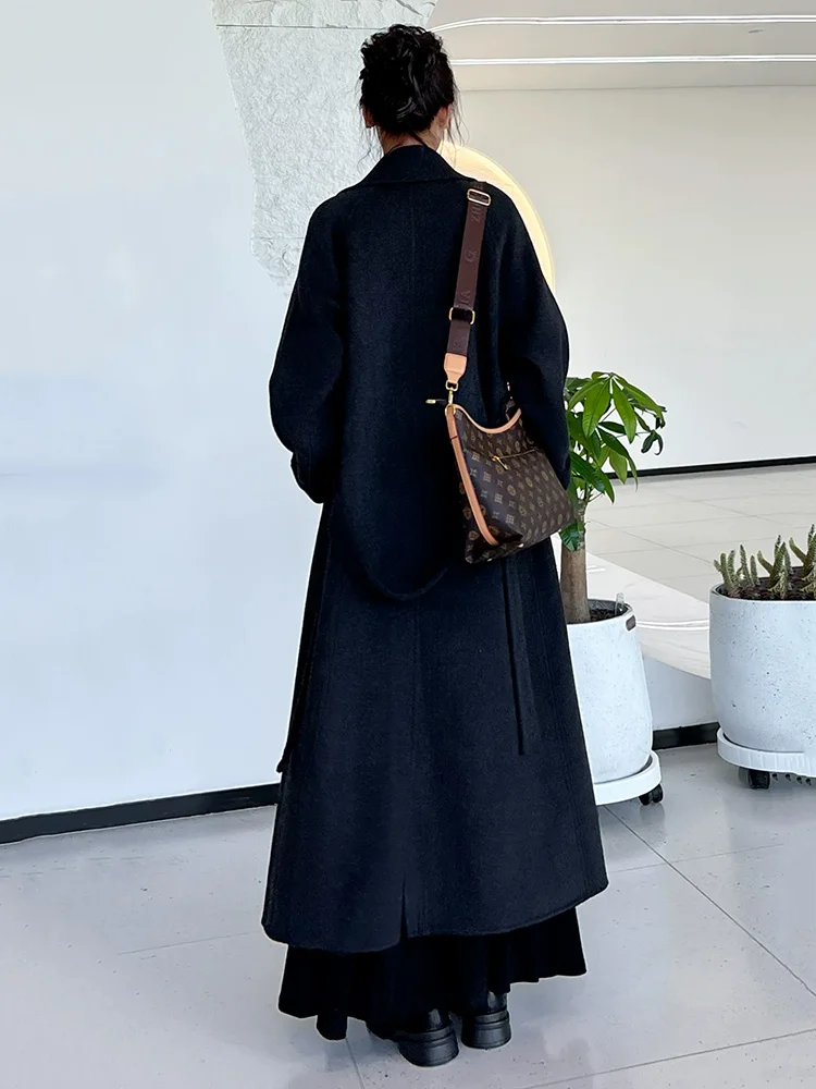 New Women Simplicity Daily Long Woolen Coat Autumn Winter Fashion Turn-down Collar Slim Waist with Belt Wool Blends Overcoat