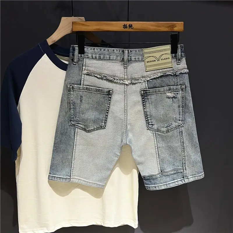 New Korean Style Clothes Korean Luxury Clothing Men\'s Knee-Length Spliced Cowboy Denim Shorts Stretch Casual Short Jeans Man