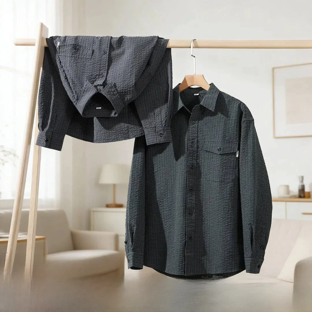 

American Stylish Heavyweight Bubble Cloth Plaid Shirt Jacket Quick Dry Stand Collar Texture Spring Summer New Arrival Men's C...