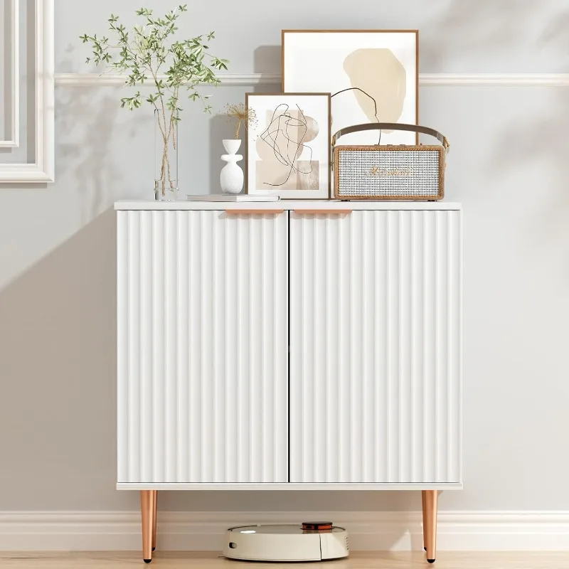 Fluted Buffet Cabinet,Wood Sideboard Buffet Cabinet with Storage & Rose Gold Colored Metal Legs, Accent Cabinet for Living Room