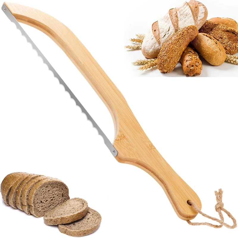 Bread Bow Cutter with Wooden Handle Stainless Steel Sourdough Bread Slicer Bread Bow Saw Fruit Pastry Bread Slicer Baking Tool