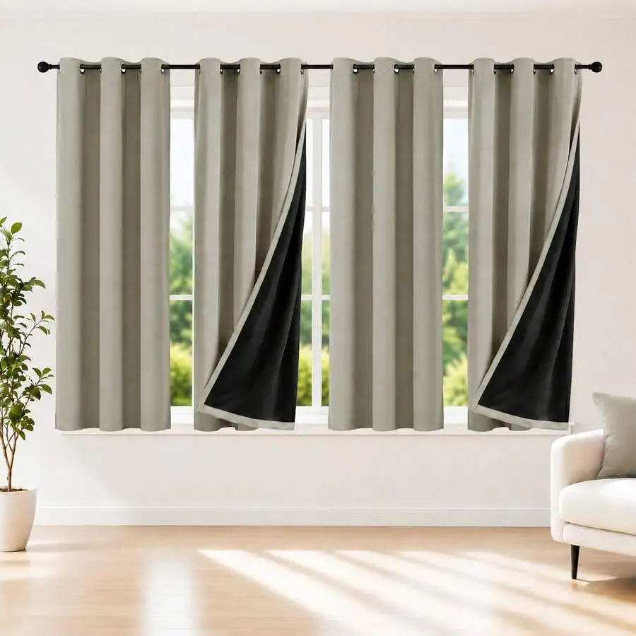 Cream Beige 4 Panels 100% Blackout Curtains With Black Waterproof Backing, Thermal Insulated Window Drapes For Bedroom
