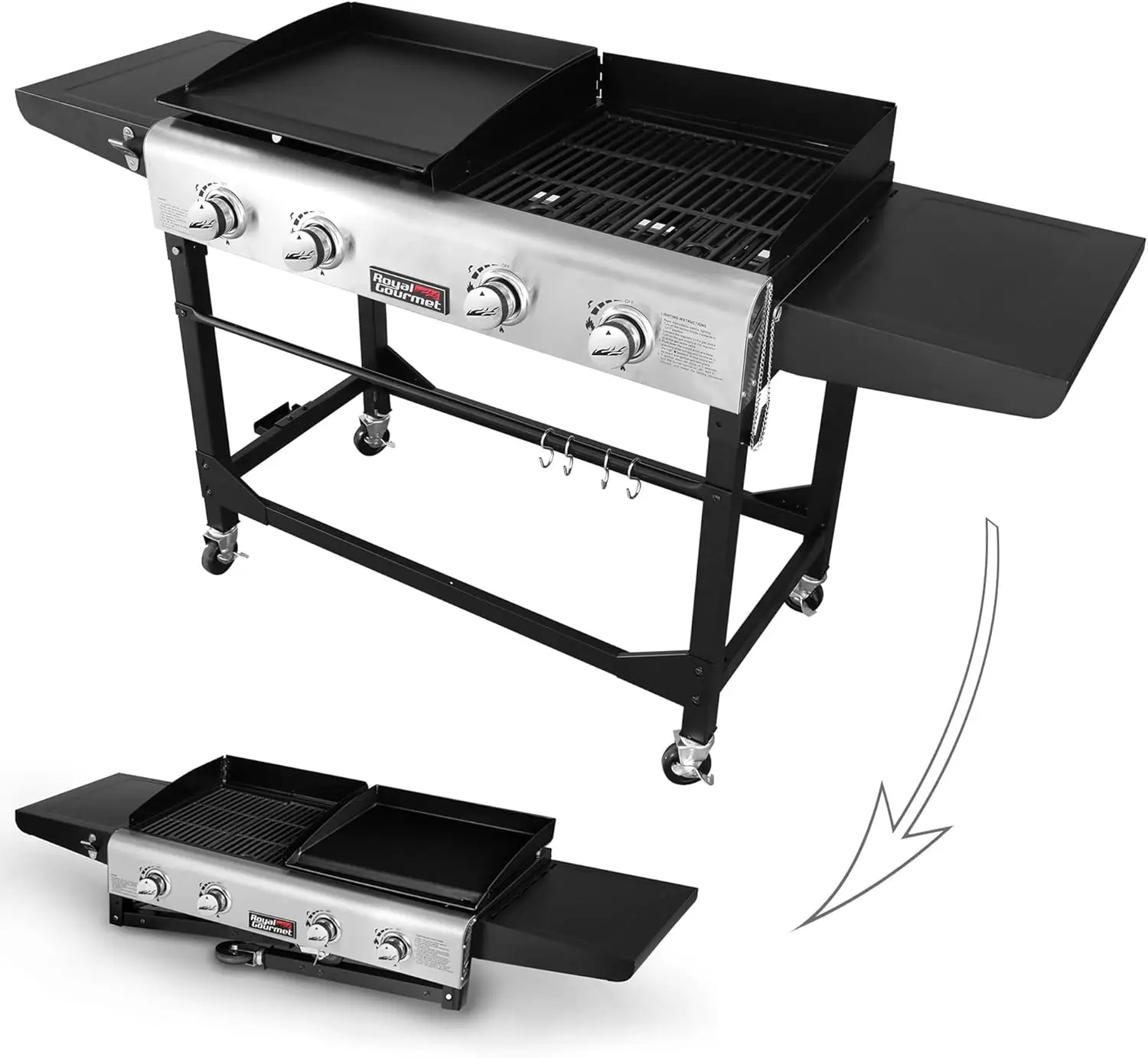 GD401 Portable Propane Gas Grill and Griddle Combo with Side Table | 4-Burner, Folding Legs,Versatile, Outdoor