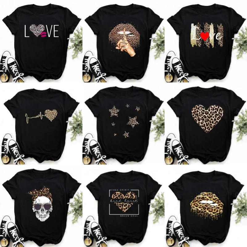 

Модная футболка, черная футболка, женские футболки с короткими рукавами и графическим принтом, женские повседневные футболки с леопардовым принтом в виде сердца, женская футболка
