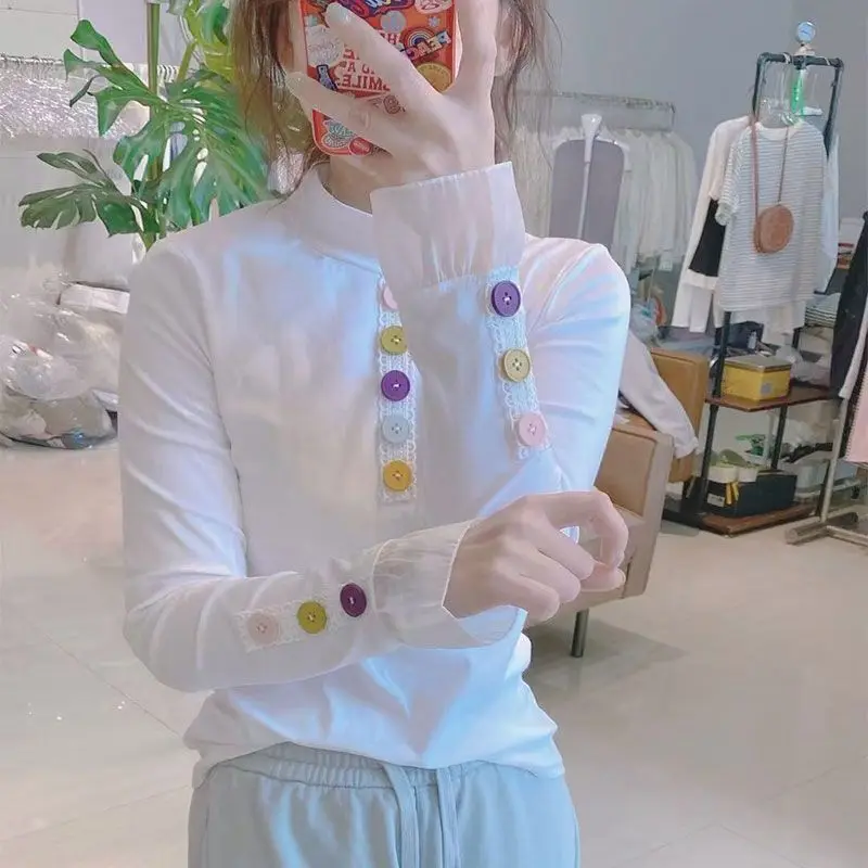 DeRong Colorful Button Half Turtle Collar Long Sleeve T-Shirt Women's New Slim Fit Top Women