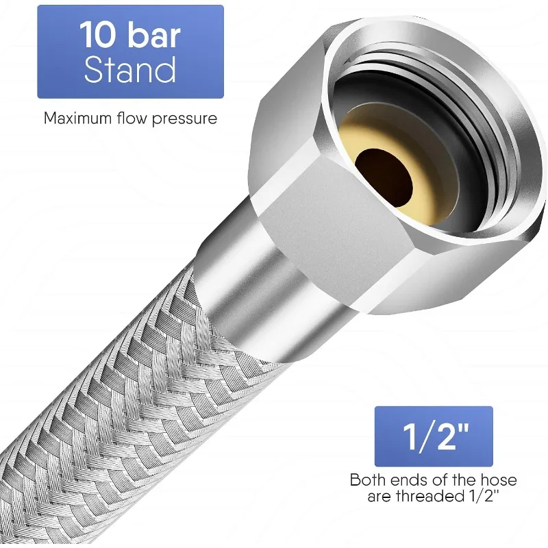 1/2 Inch Braided Flexible Hose 150cm EPDM 304 Stainless Steel Braided Hose for Corner Tap, Washbasin, Kitchen, Bathroom, Toilet