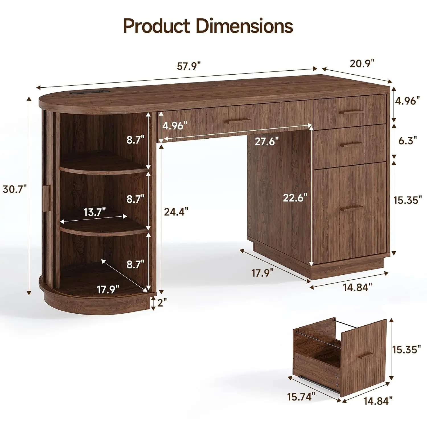 58 Inch Fluted Executive Desk With File Drawer, Walnut, Customized