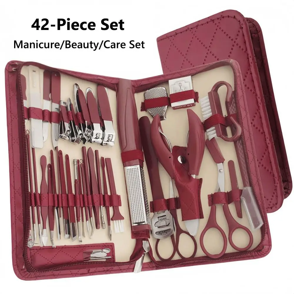 Set manicure in acciaio inossidabile da 42 pezzi con borsa in pelle con cerniera Kit per pedicure per toelettatura unghie dei piedi in acciaio inossidabile