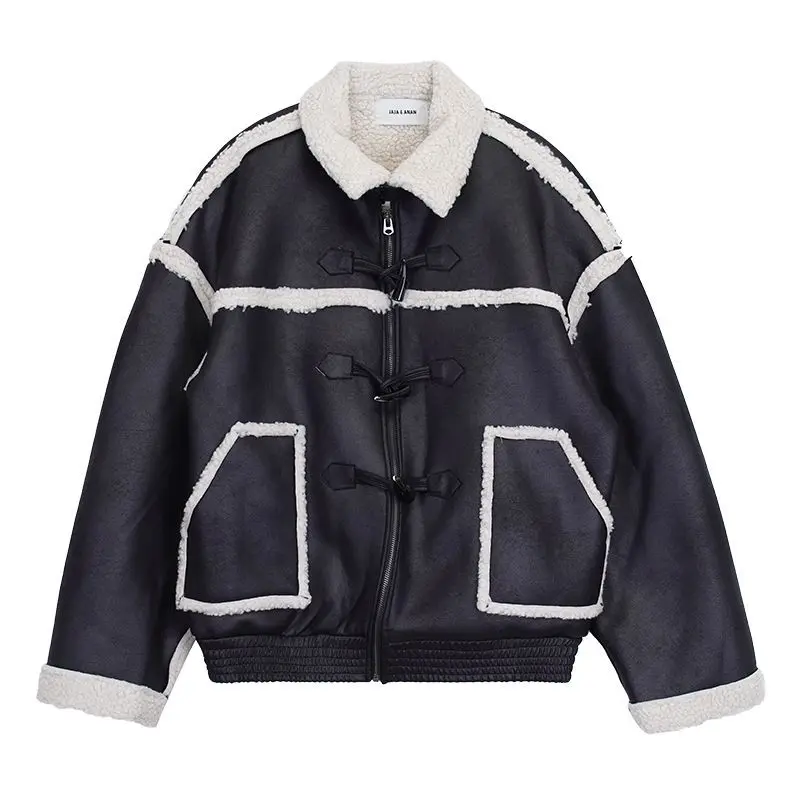 

2024 Winter Coat Men American Style Faux Shearling Lamb Fur Thick Warm Loose Fit Casual Leather Cotton Jacket Outerwear Tops