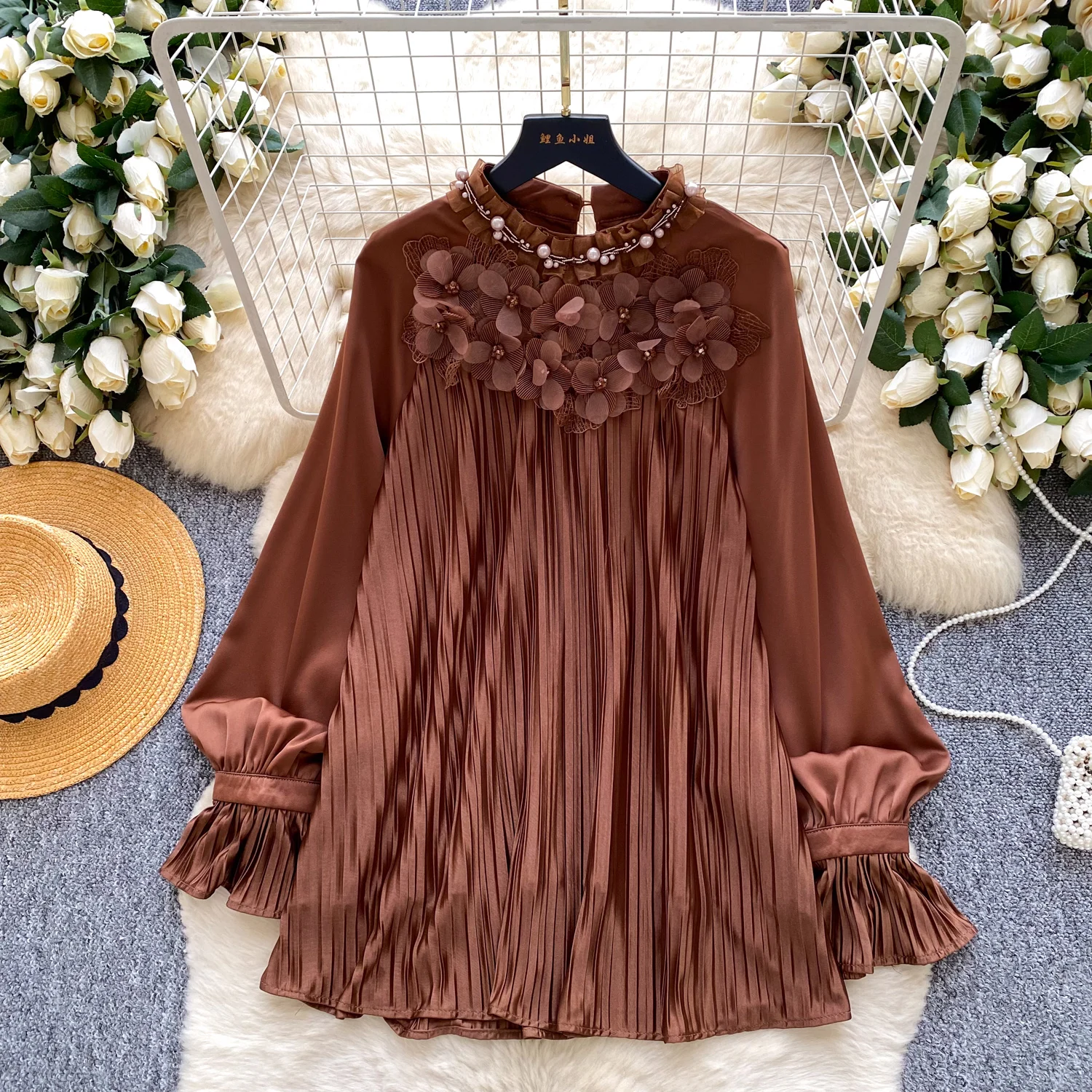 

Vintage long sleeve Three-dimensional Ruched Blouse Korean Fashion office lady Shirt women clothing