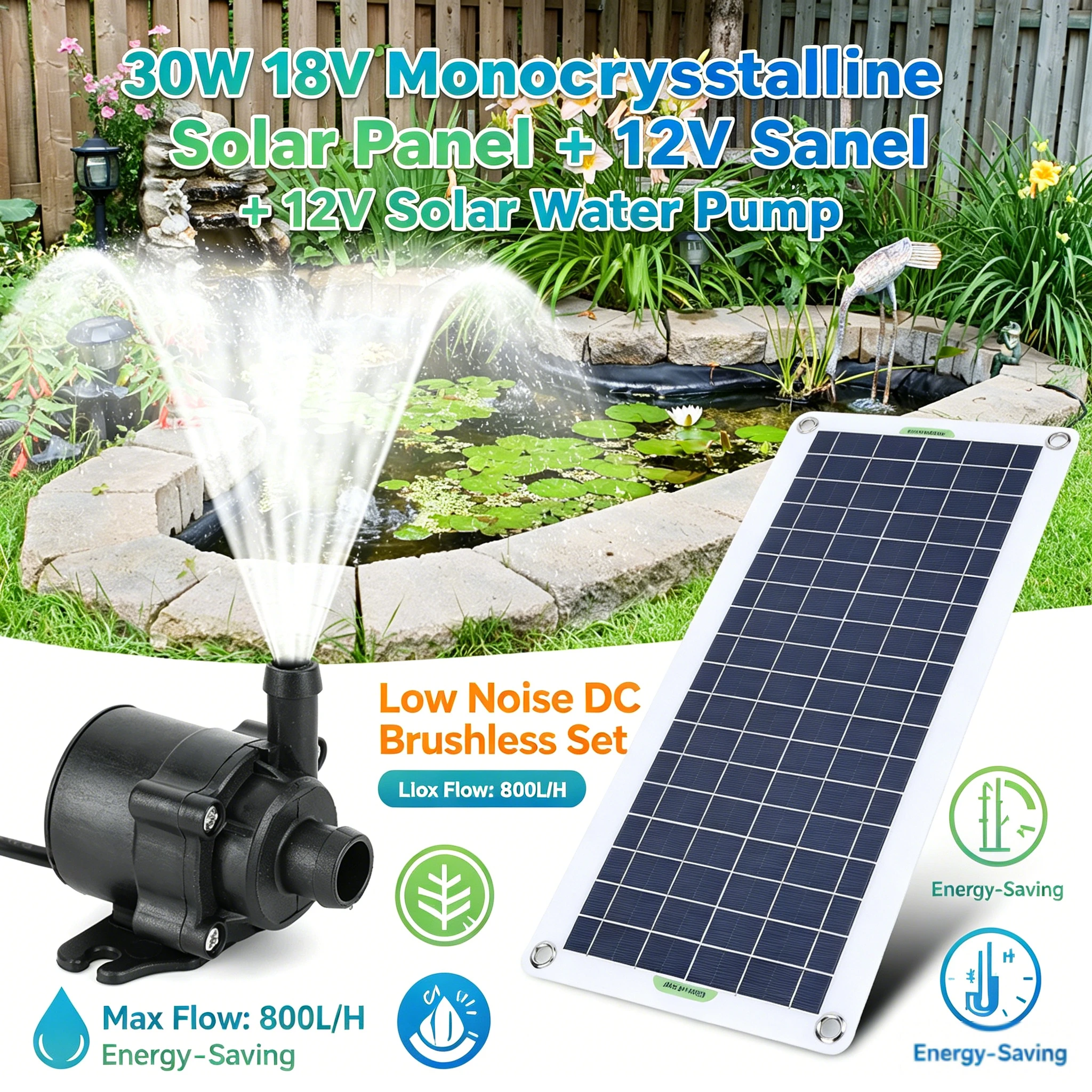 

30W 18V Solar Panel With 800L/H Brushless DC Water Pump Kit For Outdoor Swimming Pool Pond Garden Oxygenation Eco-Friendly Tool
