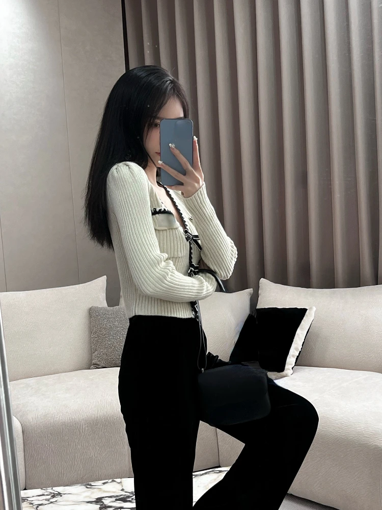 Elegant Knitted Pullover Office Lady 2022 Autumn Casual Long Sleeve Y2k Clothing V-neck Korean Style Fashion Slim Blouse Woman