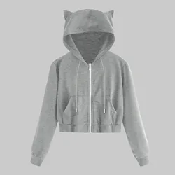 Harajuku Zip Up Cropped Hoodies Tracksuit Sweatshirts For Teen Girls Kawaii Cat Ear Jackets Pocket Drawstring Hoody Sweatshirts