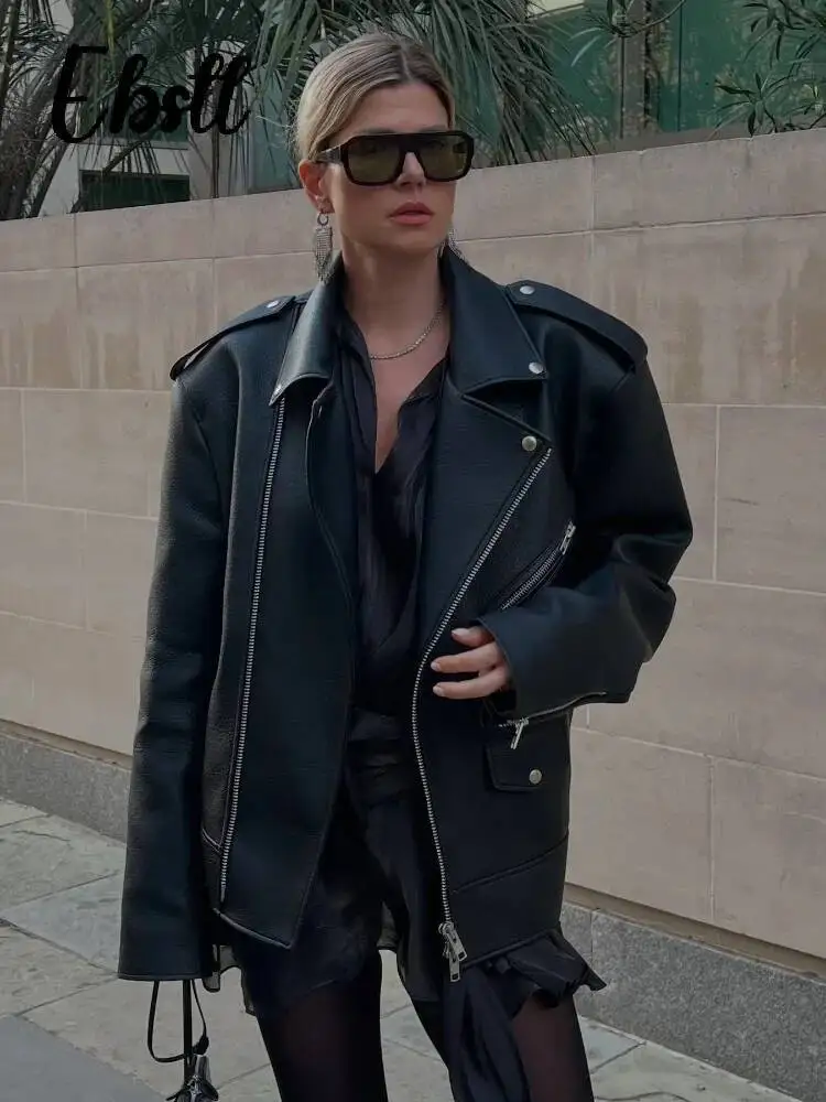 

High Street Zippers Leather Jackets Women Lapel Long Sleeve Pockets Buttons Jacket 2025 Autumn New Female Locomotive Outwear