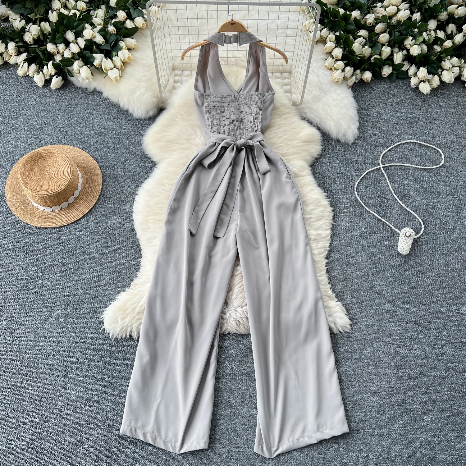 Clothland Women Sexy Halter Backless Jumpsuits Sashes Elastic Back High Waist One Piece Female Chic Playsuits Mujer KA481