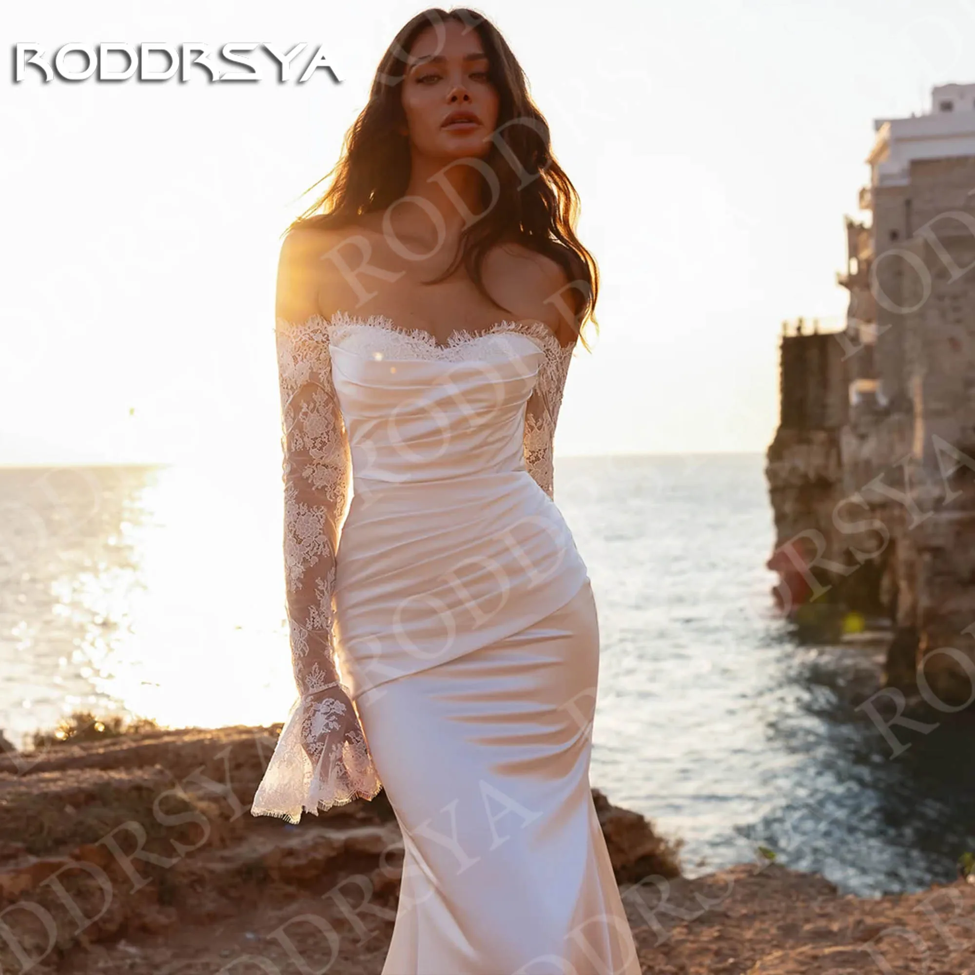 Roddrsya praia vestidos de casamento para mulher fora do ombro renda romântica manga longa sereia cetim vestido de noiva personalizado Vestidos de noiva de praia para mulher fora do ombro renda romântico de manga longa
