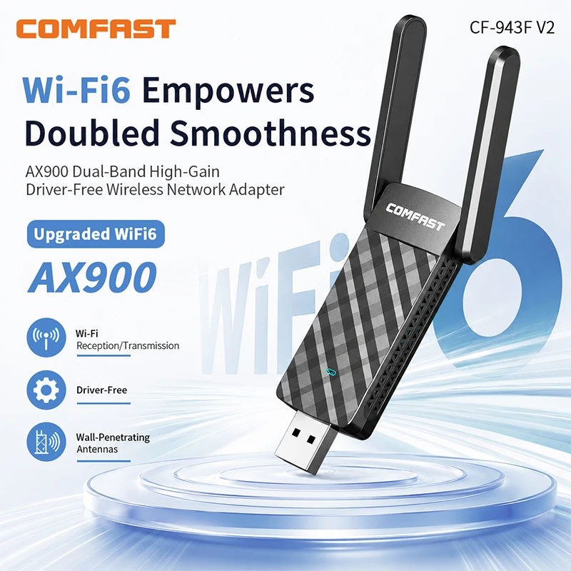 

COMFAST CF-943F V2 WiFi6 USB Adapter AX900 Dual Band 2.4G/5G Driver-Free Wireless Network Card for Win 7/10/11 Desktop Laptop