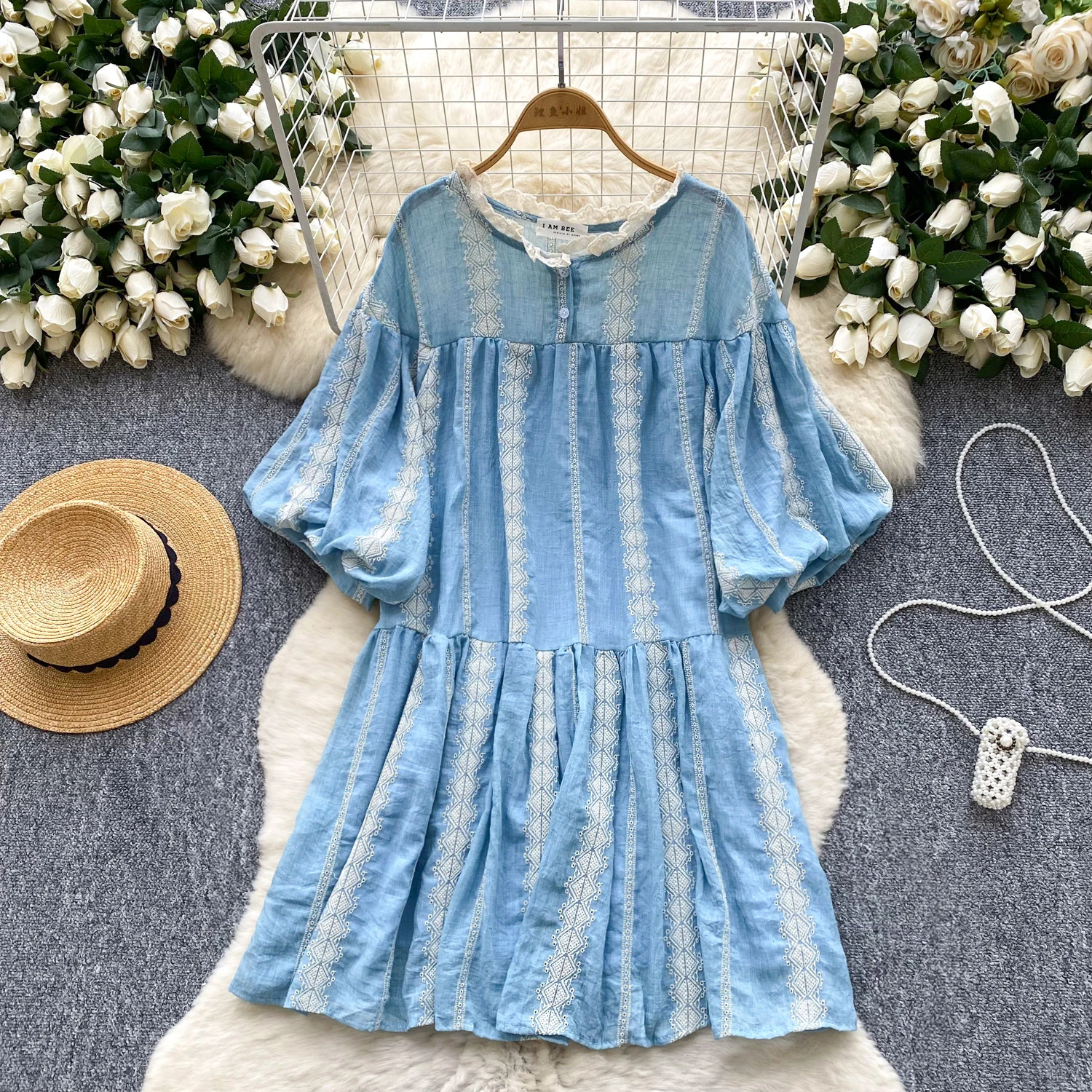 

2025 праздничное богемное женское платье с рукавами-фонариками и вышивкой, свободное повседневное пляжное платье трапециевидной формы