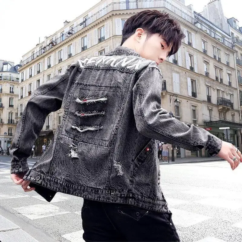 With Print Ripped Punk Blue Hole Jeans Coat for Men Denim Jackets Man Menswear Outwear Fashion Trendy Low Cost Cowboy Rock 2024